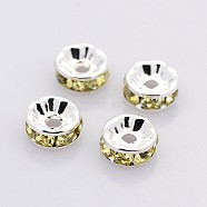 Brass Rhinestone Spacer Beads, Grade A, Straight Flange, Silver Color Plated, Rondelle, Jonquil, 6x3mm, Hole: 1mm(RB-A014-Z6mm-13S)