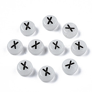 Acrylic Beads, with Enamel and Luminous, Horizontal Hole, Flat Round with Black Letter, Glow in the Dark, Light Grey, Letter.X, 7x3.5mm, Hole: 1.5mm, about 3600~3700pcs/500g(SACR-S273-29X)