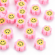 Handmade Polymer Clay Beads, Flower with Smiling Face, Pearl Pink, 9~10x8~9x4~5mm, Hole: 1.4~1.6mm(X-CLAY-N011-011E)