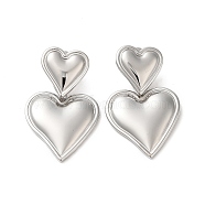 304 Stainless Steel Dangle Stud Earrings, Heart, Stainless Steel Color, 33x20mm(EJEW-Z026-03P)