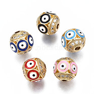 Brass Micro Pave Cubic Zirconia Beads, with Enamel, Real 18K Gold Plated, Round with Evil Eye, Nickel Free, Mixed Color, 10x10x9.5mm, Hole: 2mm(KK-N227-84B)