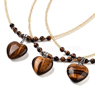 Natural Tiger Eye Heart Pendant Necklaces, Glass Seed Beaded Necklaces for Women, 18.70 inch(47.5cm)(NJEW-G143-02B)