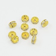 Brass Rhinestone Spacer Beads, Grade A, Straight Flange, Golden Metal Color, Rondelle, Crystal, 8x3.8mm, Hole: 1.5mm(X-RB-A014-Z8mm-01G)