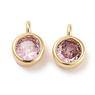 Brass Micro Pave Cubic Zirconia Charms, Flat Round, Real 18K Gold Plated, Pink, 9x6x3.5mm, Hole: 2mm(KK-C051-38G-04)