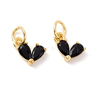 Rack Plating Brass Cubic Zirconia Charms, with Jump Ring, Cadmium Free & Lead Free, Real 18K Gold Plated, Heart, Black, 8x7x3mm, Jump Ring: 5x1mm,  3.5mm Inner Diameter(KK-I684-04G-06-RS)