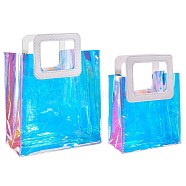 PVC Laser Transparent Bag, Tote Bag, with PU Leather Handles, for Gift or Present Packaging, Rectangle, White, Finished Product: 25.5~32x18~25x10~15cm, 2pcs/set(ABAG-SZ0001-07)