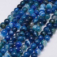Natural Stripe Agate Beads Strands, Faceted, Dyed, Round, Marine Blue, 8mm, Hole: 1mm, about 48pcs/strand, 15 inch(X-G-G581-8mm-05)