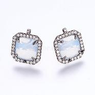 Brass Micro Pave Cubic Zirconia Stud Earring Findings, with Loop, Glass, Imitation Opalite, Square, Gunmental, White, 17mm, Hole: 0.5mm, Pin: 0.8mm(ZIRC-G116-29-C01)