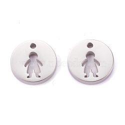 Non-Tarnish 304 Stainless Steel Charms, Flat Round with Hollow Boy, Stainless Steel Color, 12x1.4mm, Hole: 2mm(STAS-F261-04P)