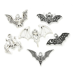 12Pcs Hallowmas Theme Tibetan Style Alloy Pendants, Bat, Antique Silver, 13.5~22.5x16.5~33x1~5mm, Hole: 1.6~2mm(FIND-U010-12)