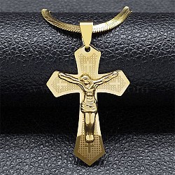 304 Stainless Steel Cross with Jesus Pendant Necklaces, Snake Chains Necklaces for Women, Golden, 16.57~16.73 inch(42.1~42.5cm)(NJEW-G115-04G)