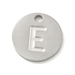 Non-Tarnish 304 Stainless Steel Pendants, Laser Cut, Flat Round with Letter Charm, Stainless Steel Color, Letter E, 10x1mm, Hole: 1.4mm(FIND-M017-02P-E)