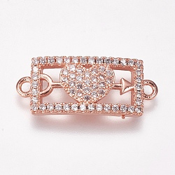 Brass Micro Pave Cubic Zirconia Links, Rectangle with Heart, Clear, Rose Gold, 9.5x22.5x2mm, Hole: 1.5mm(ZIRC-K073-20-01RG)