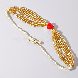 Golden Tone Seed Beads Multi Strand Bracelets for Women, Heart, Red(BC7273-1)