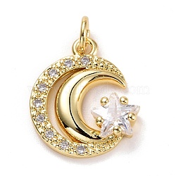 Brass Micro Pave Clear Cubic Zirconia Pendants, Long-Lasting Plated, Lead Free & Cadmium Free, Moon & Star, Real 18K Gold Plated, 16x14x3.5mm, Hole: 3mm(ZIRC-E165-04G)