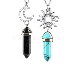 2Pcs 2 Style Synthetic Blue Turquoise & Black Turquoise Bullet Pendant Necklaces Set, Alloy Sun & Moon Couple Necklaces, 17.72 inch(45cm), 1Pc/style(PW-WG26431-05)