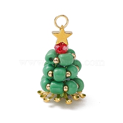 Copper Wired Glass Pendants, with Brass Beads, Christmas Tree, Golden, 26.5x15mm, Hole: 3mm(PALLOY-TA00120-01)