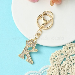 Golden Alloy Rhinestone Keychain, with Alloy Clasp and Iron Rings, Letter K, 10cm, Pendant: 43mm(KEYC-YW00105-11)