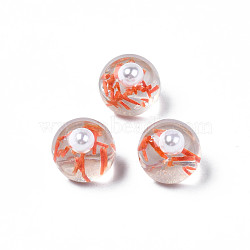 Translucent Acrylic Cabochons, with ABS Imitation Pearl Beads and Hay, Round, Coral, 10x9.5mm(TACR-N006-14C)