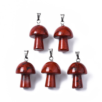 Natural Red Jasper Pendants, with Stainless Steel Snap On Bails, Mushroom Shaped, 24~25x16mm, Hole: 5x3mm