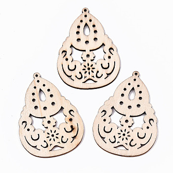 Undyed Natural Hollow Wooden Big Pendants, Laser Cut Shapes, Teardrop with Flower, Antique White, 64x44.5x2mm, Hole: 1.6mm