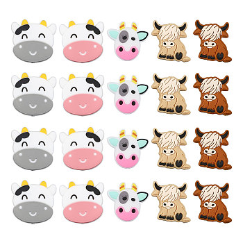 20Pcs 5 Style Cow Head Food Grade Silicone Beads, Chewing Beads For Teethers, DIY Nursing Necklaces Making, Mixed Color, 26.5~29x28~30.5x7~9mm, Hole: 2mm, 4pcs/style