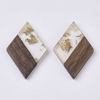 Transparent Resin & Walnut Wood Pendants, with Gold Foil, Waxed, Rhombus, Gold, 29x19.5x3.5mm, Hole: 2mm