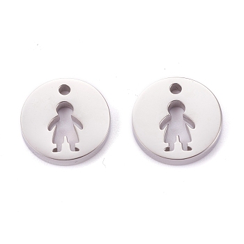 304 Stainless Steel Charms, Flat Round with Hollow Boy, Stainless Steel Color, 12x1.4mm, Hole: 2mm