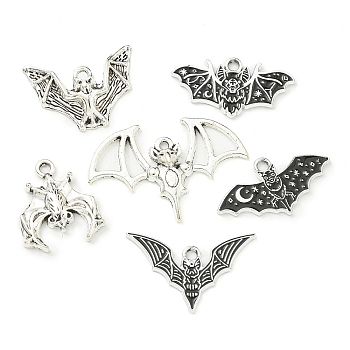 12Pcs Hallowmas Theme Tibetan Style Alloy Pendants, Bat, Antique Silver, 13.5~22.5x16.5~33x1~5mm, Hole: 1.6~2mm