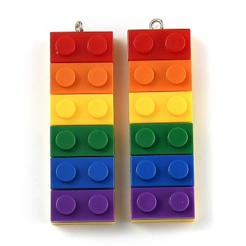 Rainbow Opaque Acrylic Pendants, with Platinum Iron Loop, Long Rectangle Building Block Charms, Colorful, 51.5x16x8mm, Hole: 2mm