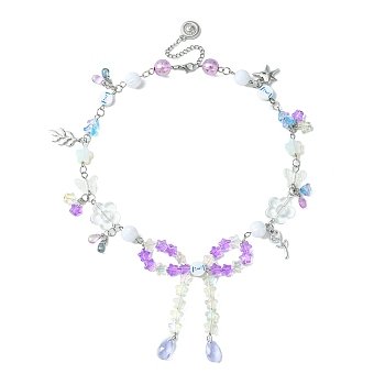 Alloy Leaf & Flower & Bowknot Pendant Necklace, Acrylic & Glass Butterfly Beaded Exquisite Necklace for Women, Orchid, 18.11 inch(46cm)