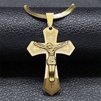 304 Stainless Steel Cross with Jesus Pendant Necklaces, Snake Chains Necklaces for Women, Golden, 16.57~16.73 inch(42.1~42.5cm)