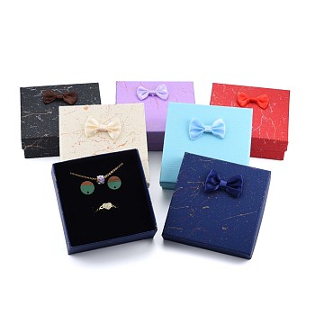 Cardboard Jewelry Set Box, for Necklaces, Ring, Earring, with Bowknot Ribbon Outside and Black Sponge Inside, Square, Mixed Color, 9x9x3.7cm