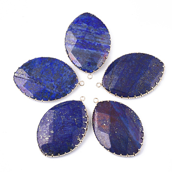 Natural Lapis Lazuli Pendants, with Brass Findings, Faceted, Horse Eye, Golden, 54~55x36x7.5~8.5mm, Hole: 2mm