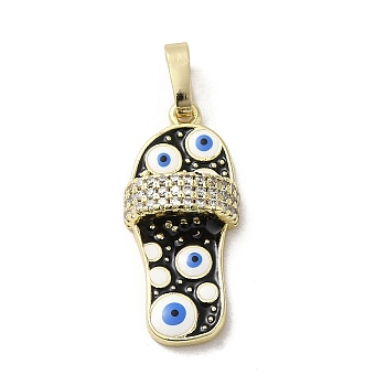 Brass Micro Pave Cubic Zirconia Pendants, with Enamel, Real 18K Gold Plated, Slipper
 with Evil Eye, Black, 23x10.5x5mm, Hole: 3.5x5.5mm