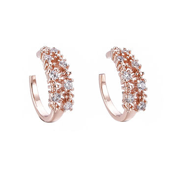 Brass Micro Pave Clear Cubic Zirconia Cuff Earrings, Rose Gold, 13x4mm, Inner Diameter: 10mm