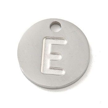 304 Stainless Steel Pendants, Laser Cut, Flat Round with Letter Charm, Stainless Steel Color, Letter E, 10x1mm, Hole: 1.4mm