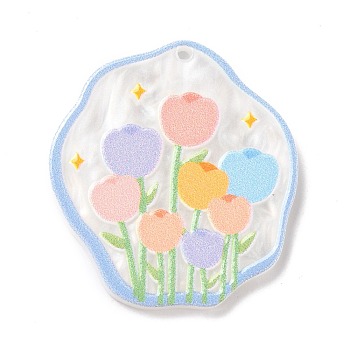 Embossed Printed Acrylic Pendants, Spring & Summer Theme, with Flower Pattern, Colorful, 34.5x31.5x2.5mm, Hole: 1.6mm