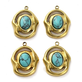 Dyed Synthetic Turquoise Pendants, 304 Stainless Steel Color Oval Charms, Golden, 20.5x16x6.5mm, Hole: 1.5mm