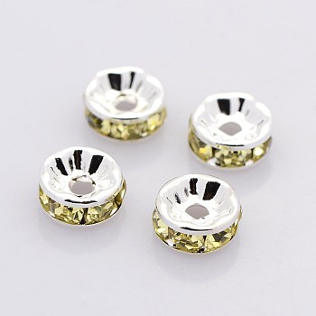 Brass Rhinestone Spacer Beads, Grade A, Straight Flange, Silver Color Plated, Rondelle, Jonquil, 6x3mm, Hole: 1mm