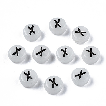 Acrylic Beads, with Enamel and Luminous, Horizontal Hole, Flat Round with Black Letter, Glow in the Dark, Light Grey, Letter.X, 7x3.5mm, Hole: 1.5mm, about 3600~3700pcs/500g