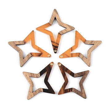 Resin & Walnut Wood Pendants, Star, Orange, 38x33x3mm, Hole: 2mm