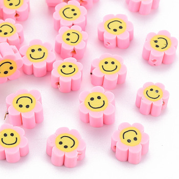 Handmade Polymer Clay Beads, Flower with Smiling Face, Pearl Pink, 9~10x8~9x4~5mm, Hole: 1.4~1.6mm