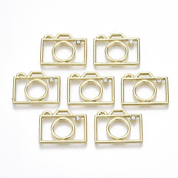 Rack Plating Alloy Open Back Bezel Cabochons, For DIY UV Resin, Epoxy Resin, Pressed Flower Jewelry, with Rhinestone, Cadmium Free & Lead Free, Camera, Light Gold, 18.5x25x2.5mm