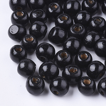 Dyed Natural Wood Beads, Round, Lead Free, Black, 10x9mm, Hole: 3mm, about 3000pcs/1000g
