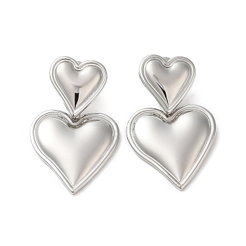 304 Stainless Steel Dangle Stud Earrings, Heart, Stainless Steel Color, 33x20mm
