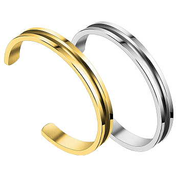 2Pcs 2 Colors 304 Stainless Steel Grooved Open Cuff Bangles Set for Women, Golden & Stainless Steel Color, Inner Diameter: 1-3/4x2-1/4 inch(4.55x5.75cm), 1Pc/color