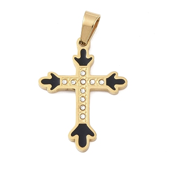 Ion Plating(IP) 304 Stainless Steel Enamel Rhinestone Pendants, Cross Charms, Real 18K Gold Plated, 30x22.5x2.5mm, Hole: 6x4mm