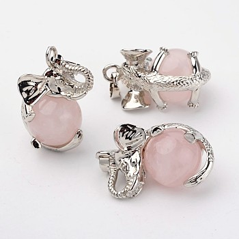 Natural Rose Quartz Pendants, Elephant, with Brass Findings, Platinum, Lead Free & Nickel Free, 31x20x26mm, Hole: 4x6mm