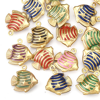 304 Stainless Steel Pendants, with Enamel, Fish, Golden, 13x12x4mm, Hole: 1mm